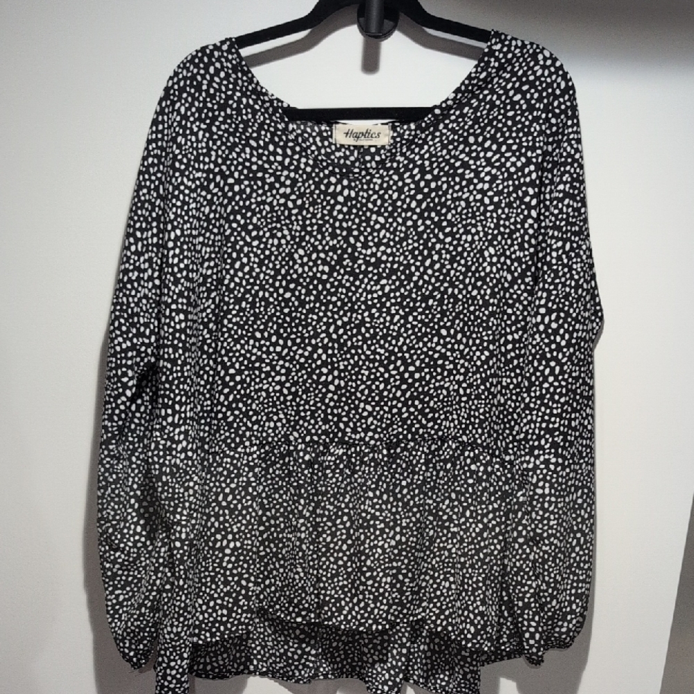 Haptics Black and White Dotted Long-Sleeve Peplum Blouse